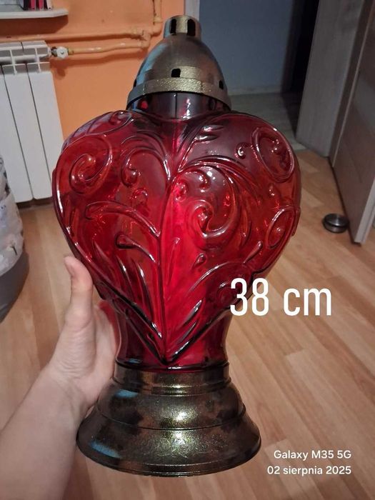Zestaw Piękny Szklany Znicz Serce Czerwony 38 cm Nowy + Wkład Elektr.