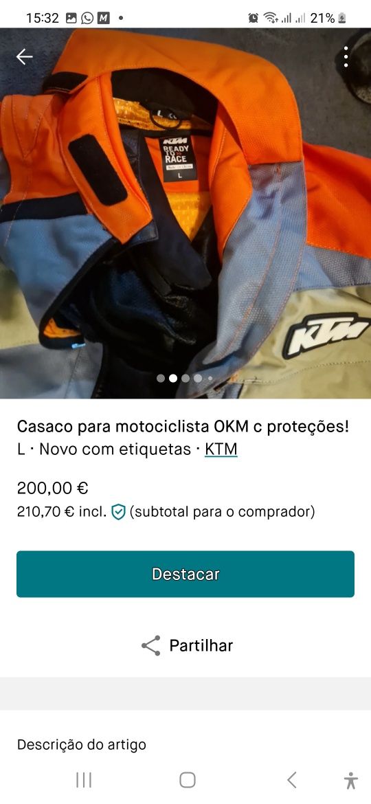 Blusão KTM com proteções NUNCA USADO