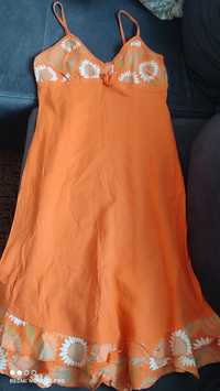 Urocza sukienka lniana pomarańczowa sukienka w słoneczniki kwiaty  len