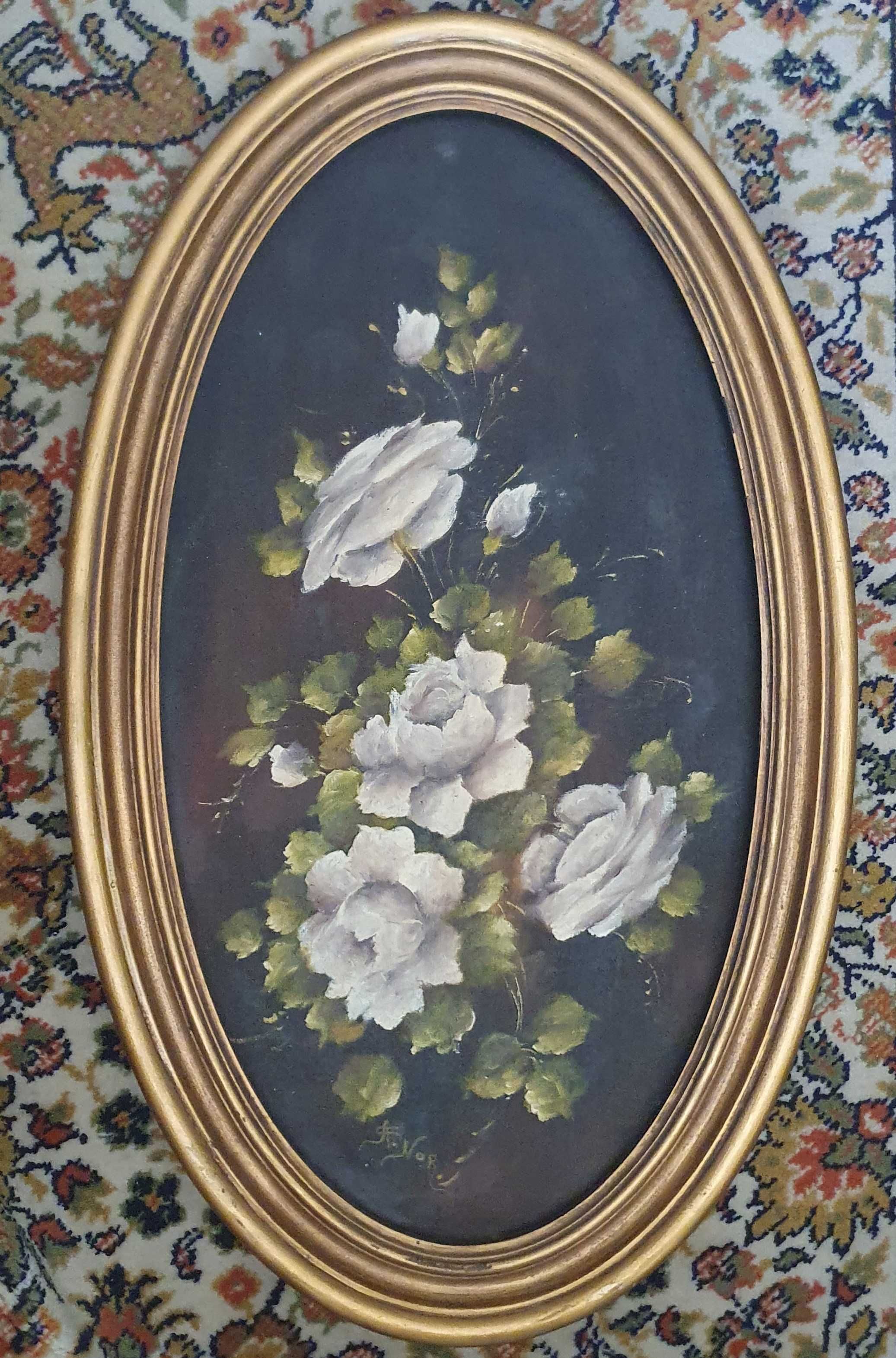 A. Nor. Linda Pintura Floral original, a óleo, oval, anos 70 - 62x37cm