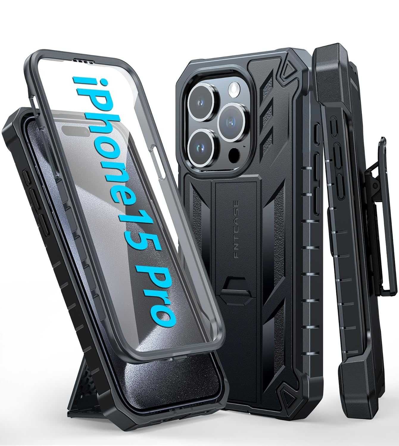 FNTCASE pancerne etui 360 do iPhone 15 Pro 1x szkło na obiektyw stojak