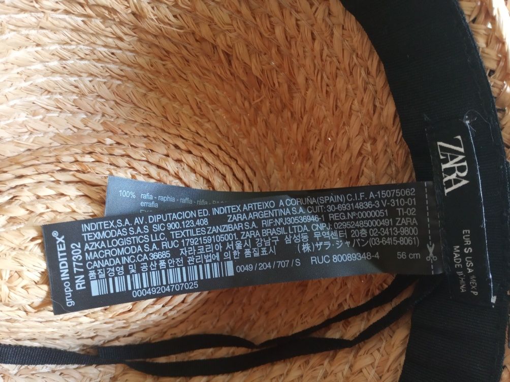 Kapelusz damski ZARA rafia rozm. S 56 cm z regulacją nowy