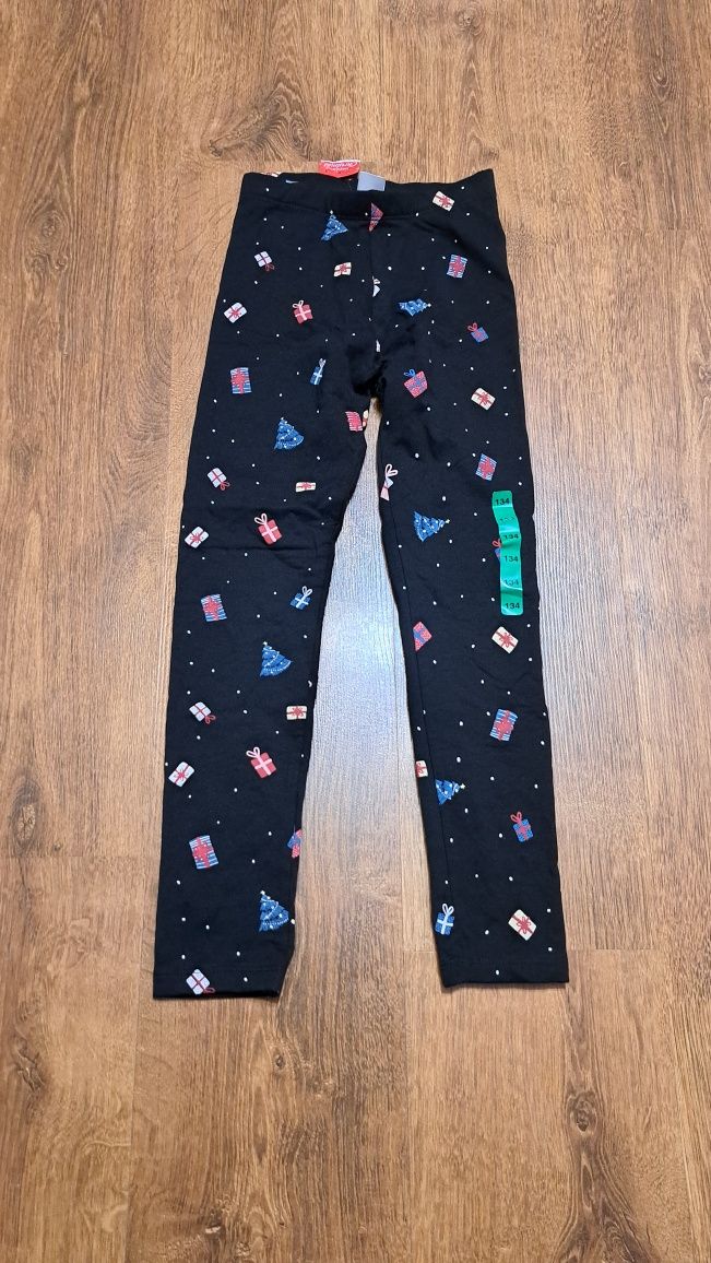 Legginsy ocieplane dziewczynki świąteczne choinka prezenty nowe 134
