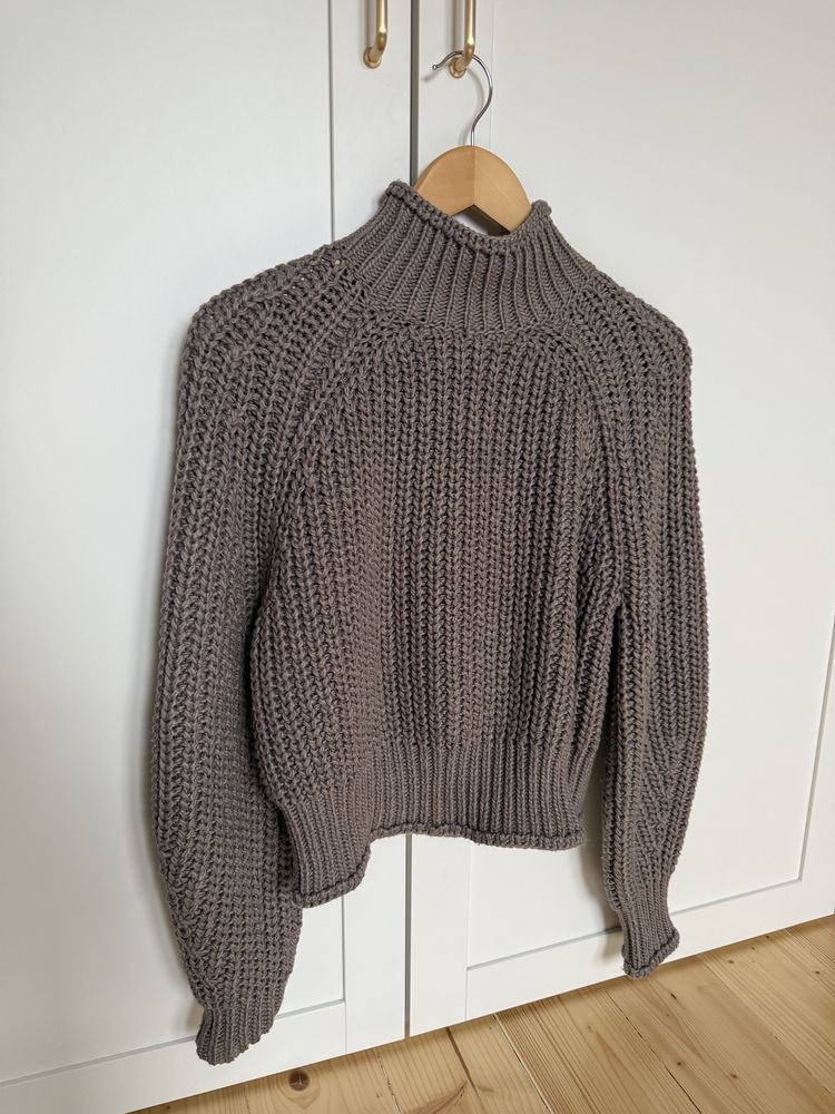 Gruby sweter H&M S/36 khaki polgolf