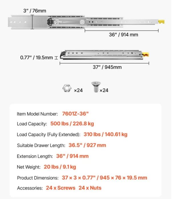 Prowadnice 927/914 226kg vevor z pełnym wysuwem i z blokadą