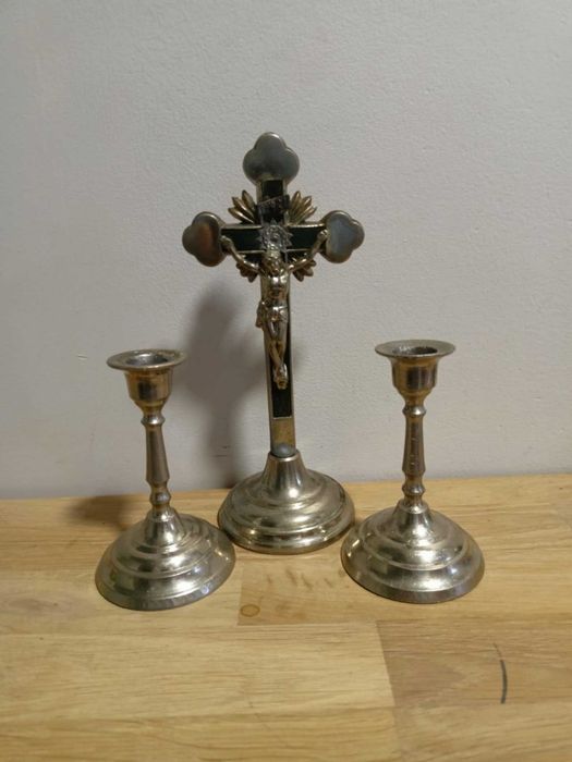 stary zestaw kolędowy pasyjka lichtarze sygnowany