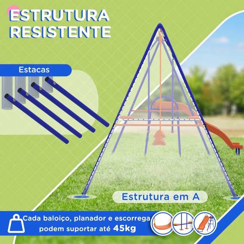 Conjunto de Baloiços 4 em 1, com 2 Baloiços, 1 Baloiço e 1 Escorrega