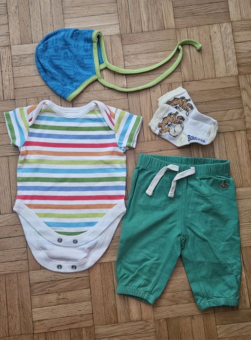 Zestaw 56-62 dla niemowlaka zielone spodnie Gap body next w paski skar