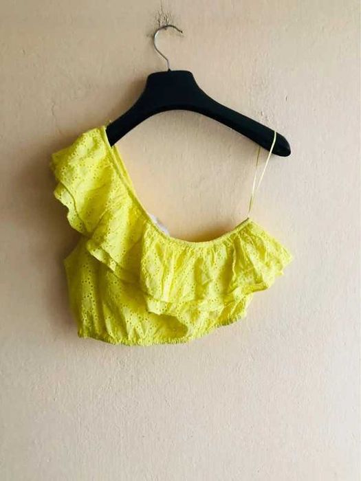 Zara - jak nowy, bawełniany, asymetryczny crop top (XS/S) stan idealny