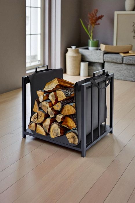 Metalowy stojak na drewno kominkowe opałowe do kominka zestaw z torbą
