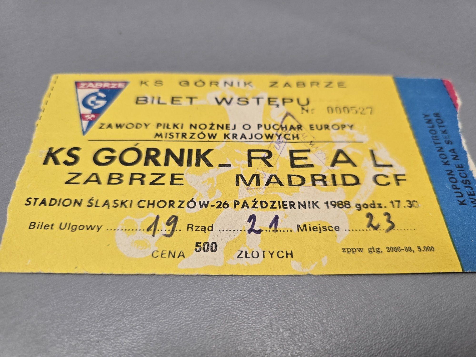 Bilet Górnik Zabrze Real Madryt 1988 Puchar Europy unikat