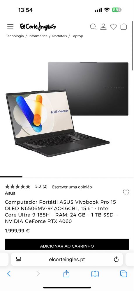 Asus VivoBook Pro 15 Oled Intel Core Ultra 9, NVIDIA GeForce RTX 4060