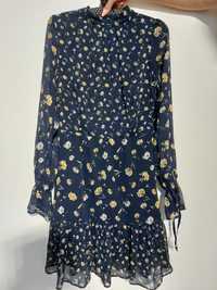 Sukienka granatowa w kwiaty, długi rękaw, rozmiar 34