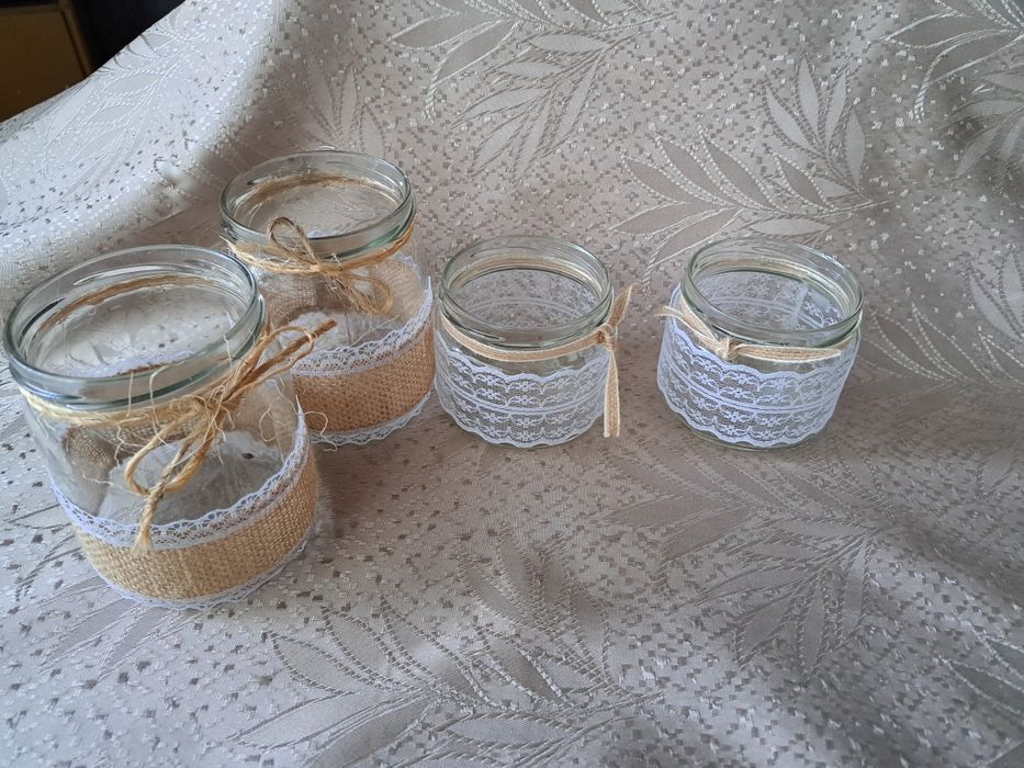Świeczniki słoiczki ozdobione  na wesele