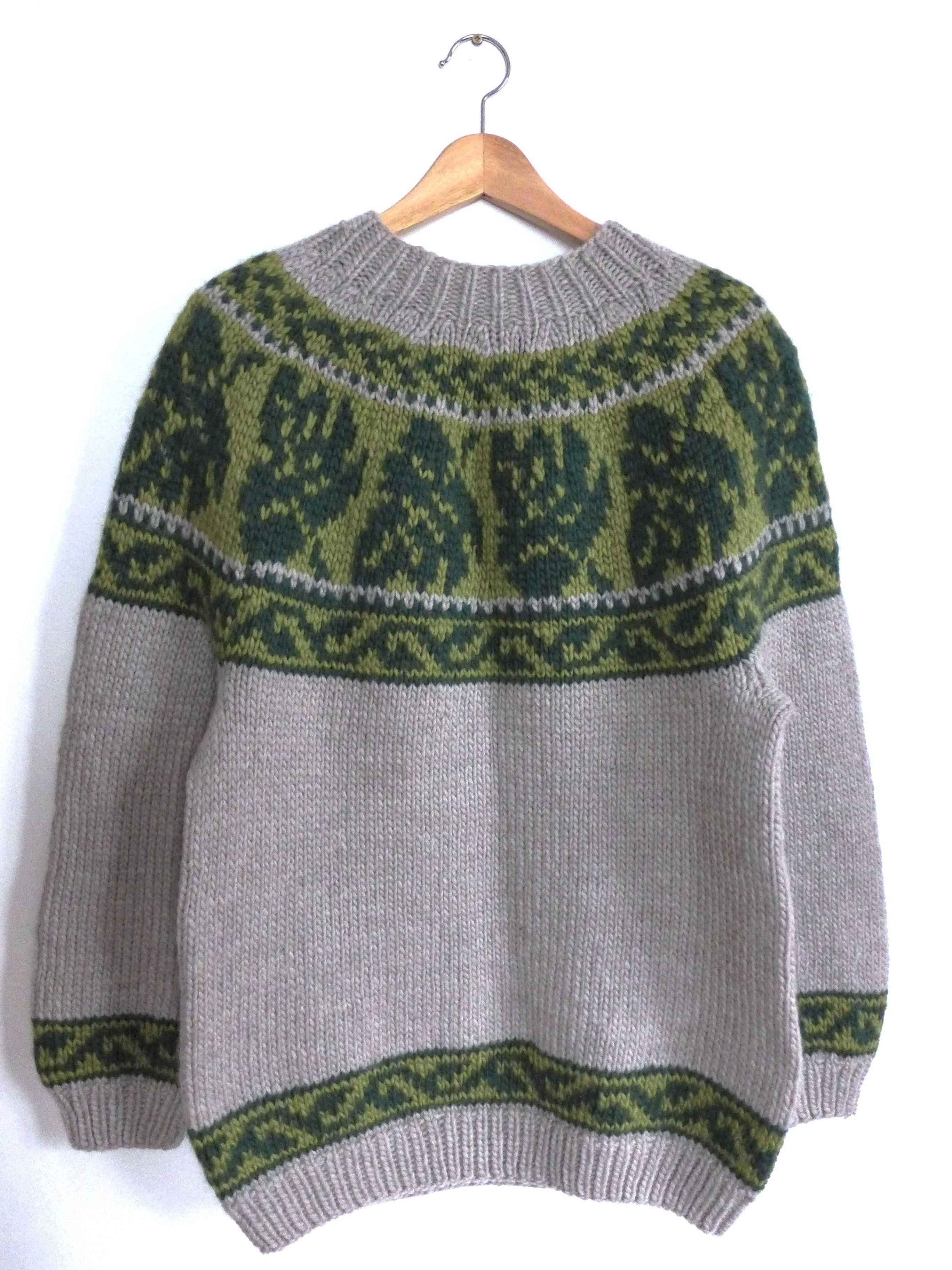 Handmade wełniany GRUBY sweter rękodzieło norweski islandzki S 36 M 38