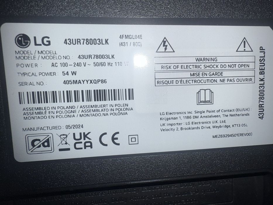 Uszkodzony telewizor LG na części 43cale