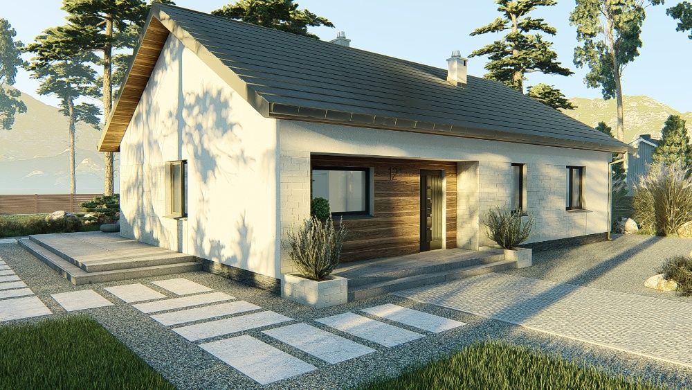 Projekt domu parterowego 108 m2 dach dwuspadowy, projekt typowy gotowy