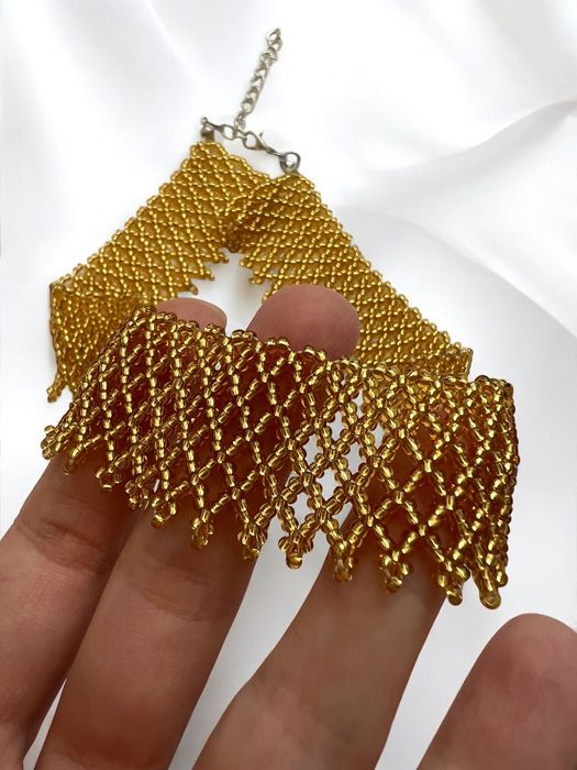 Złota kolia koralikowa – retro naszyjnik rękodzieło w stylu Łemko