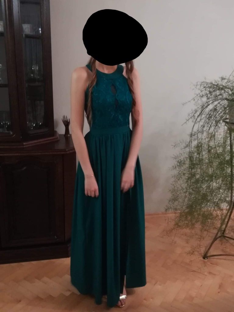 Sukienka XS długa butelkowa zieleń z rozcięciem na wesele studniówkę
