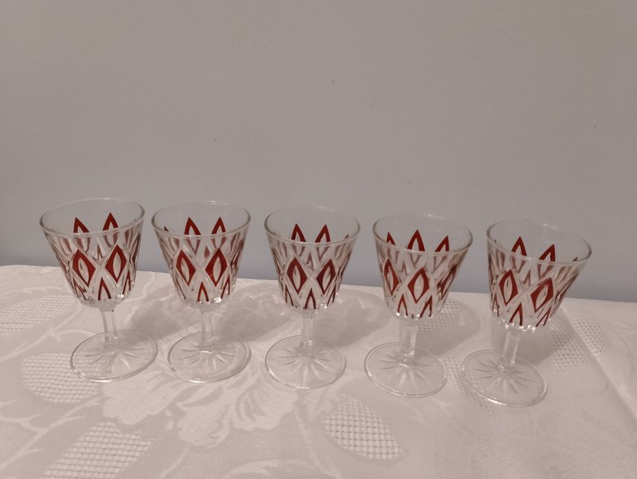 Zestaw 5 kieliszków, vintage, PRL, szkło szlifowane, ręcznie malowane
