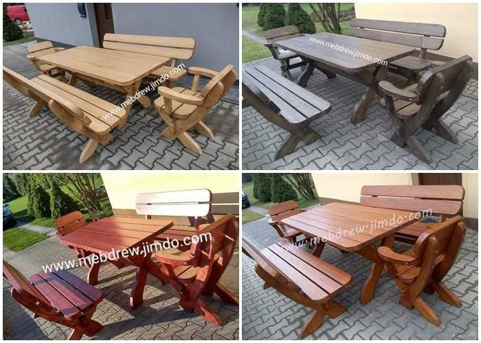Drewniany stół ogrodowy 2 ławki 2 fotele malowany zestaw mebli