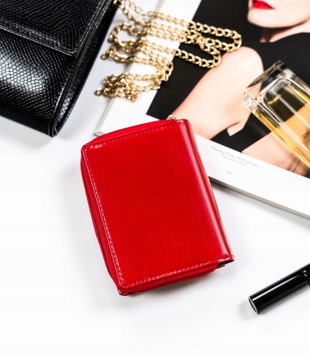 Peterson DAMSKI portfel skórzany mały pionowy na zatrzask czerwony