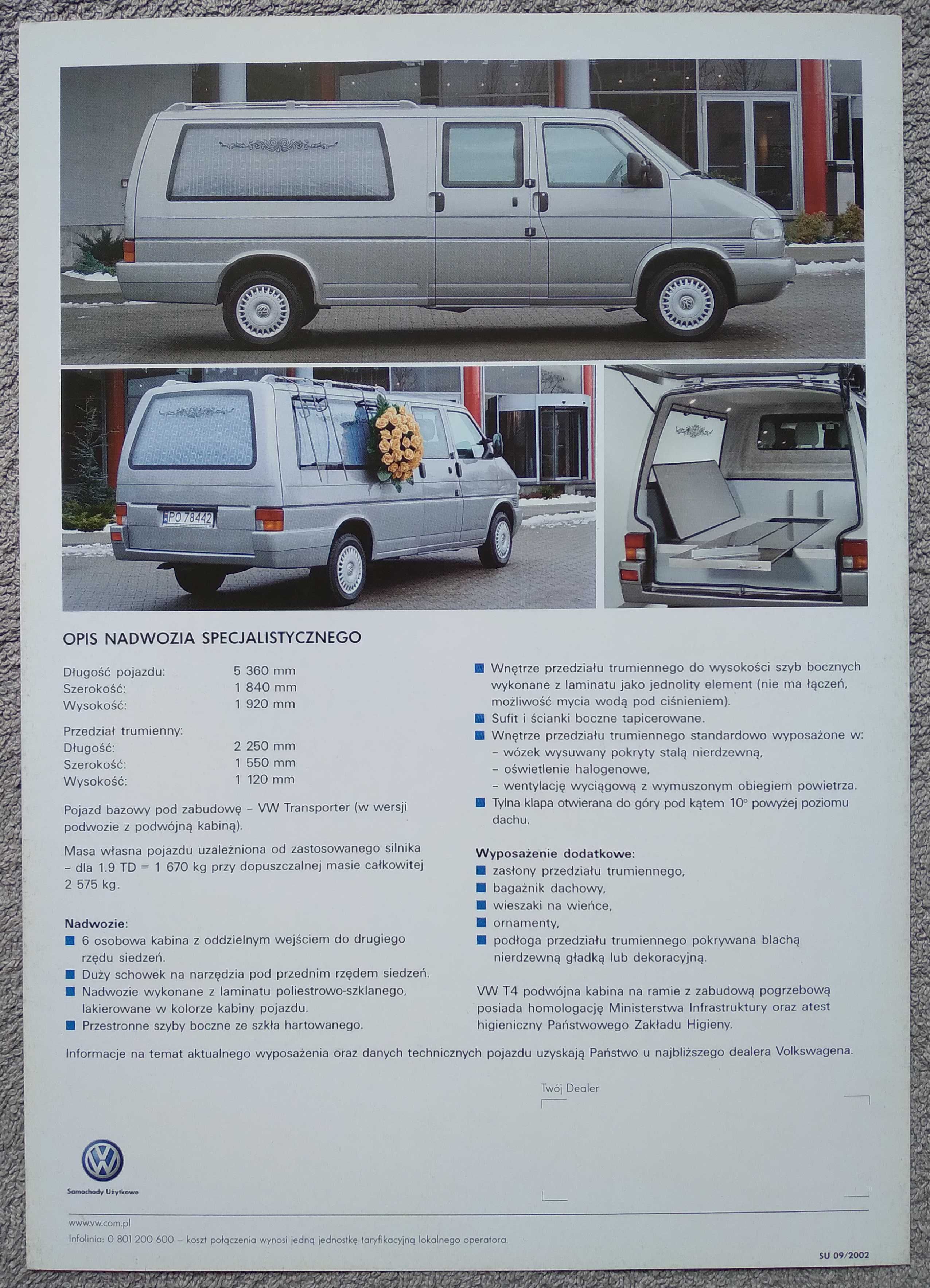 Prospekt  Volkswagen Transporter z zabudową pogrzebową rok 2002