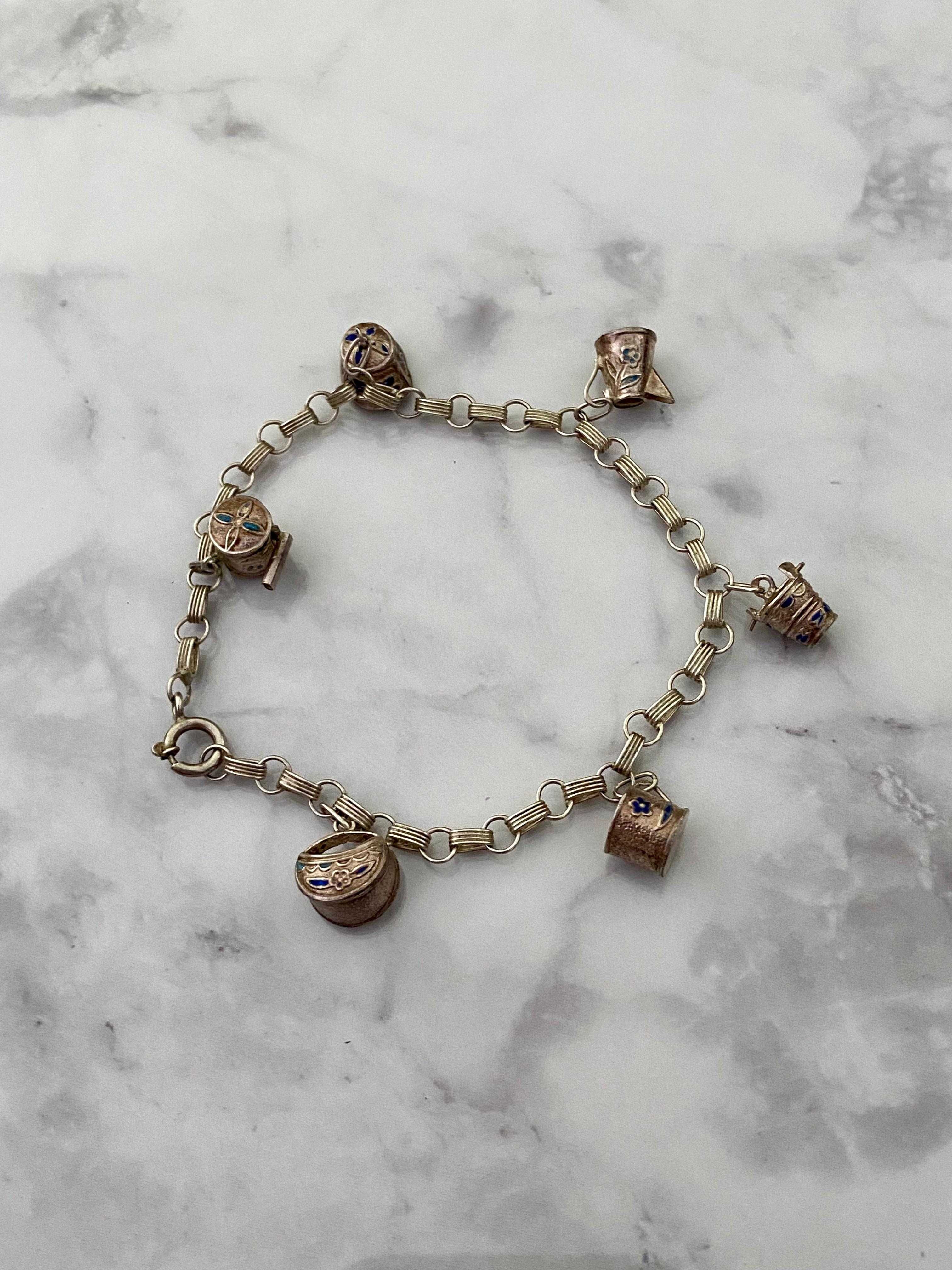 Pulseira em Prata 925 Sólida com Vários Pendentes