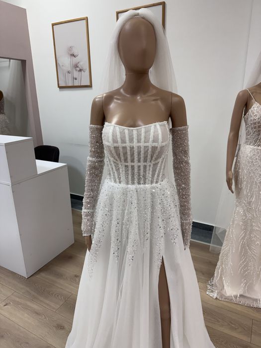 Nowa gorsetowa suknia ślubna z koronką brokatowy tiul  różne 34 36 38