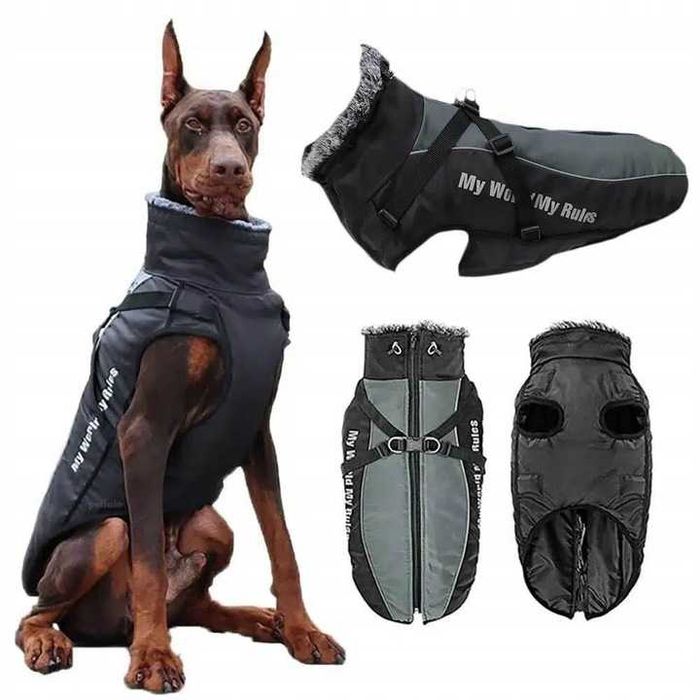 Ciepła kurtka dla dużego psa My World My Rules 5XL Czarny/Szary