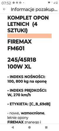 Nowe opony Firemax FM601 245/45/18 4szt