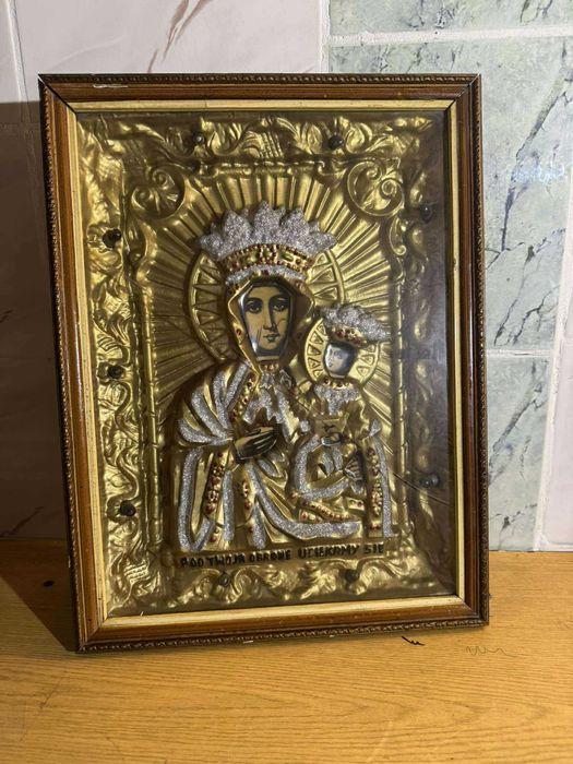 Zabytkowy obraz religijny–Matka Boska Częstochowska–złocona rama,szkło
