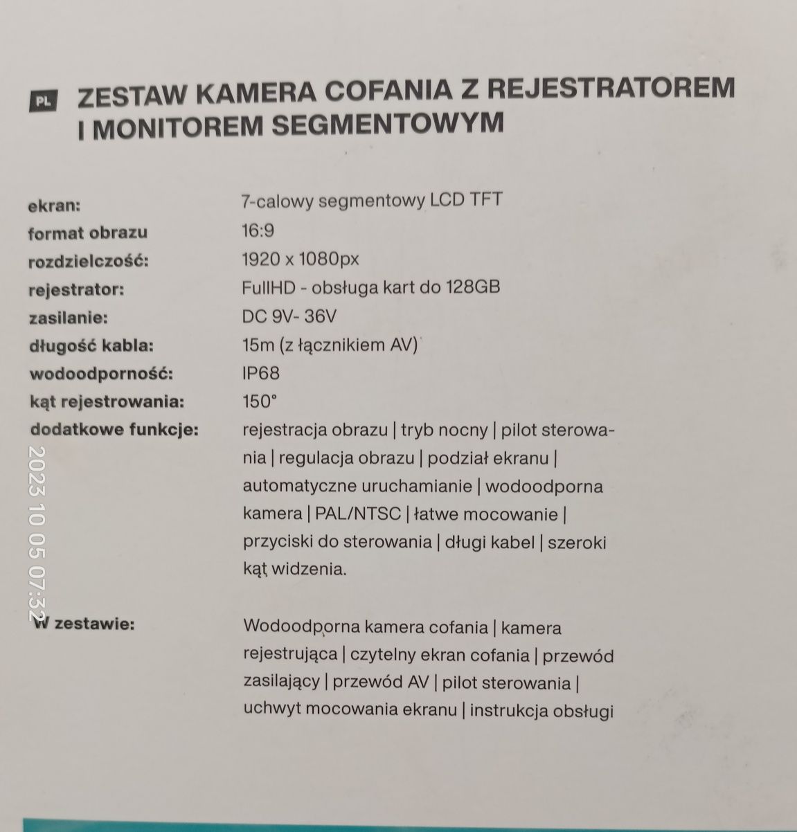 Zestaw kamerą cofania z rejestratorem i monitorem segmentowym