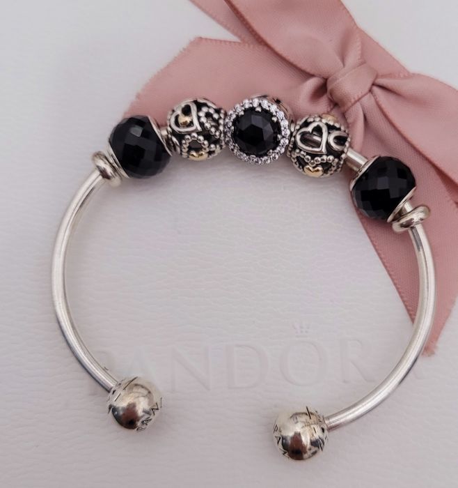 Pandora bransoletka bangle + 5 charms tt + 2 stopery