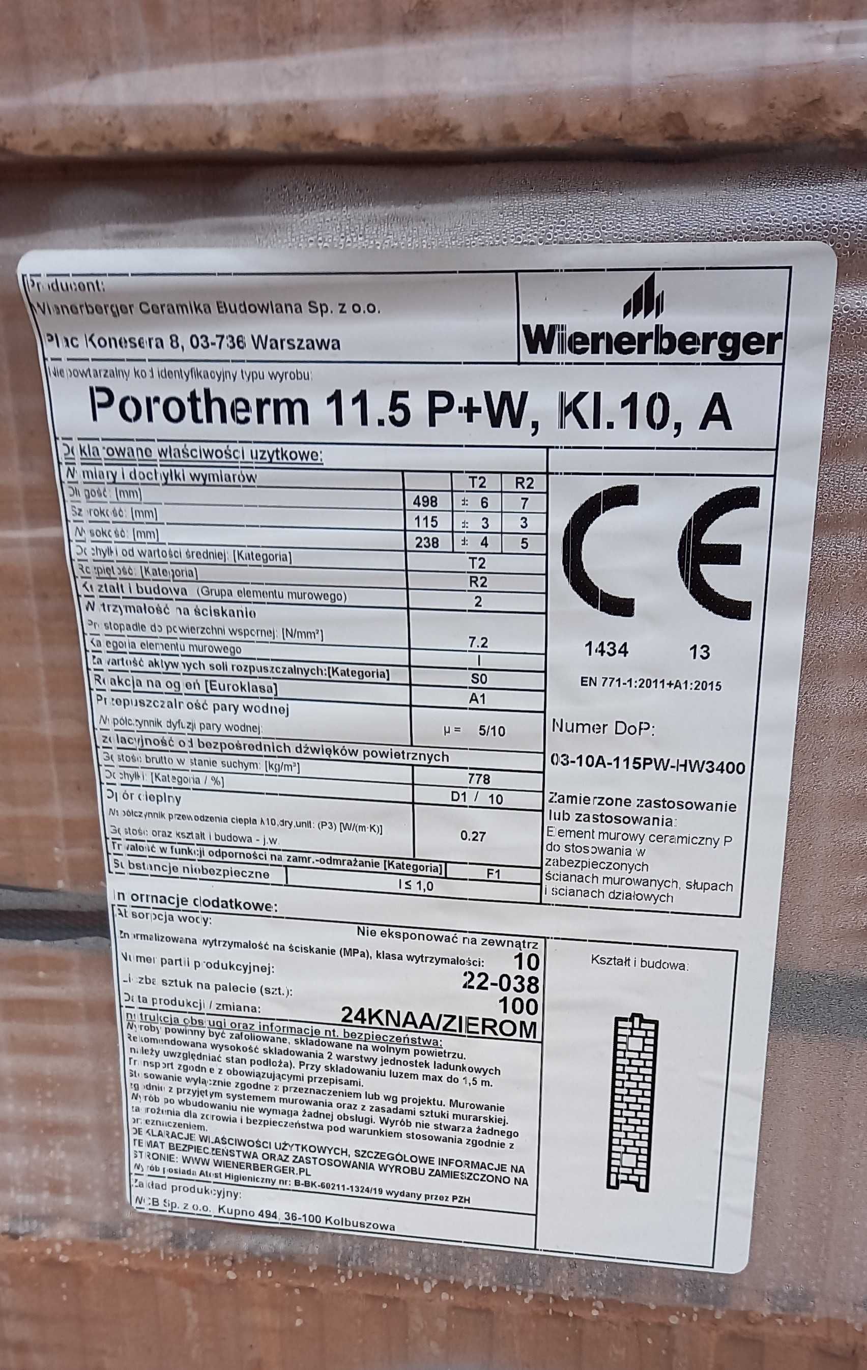 Pustak ceramiczny Porotherm 11,5 P+W, wym 11,5x 49,8x 23,8 cm