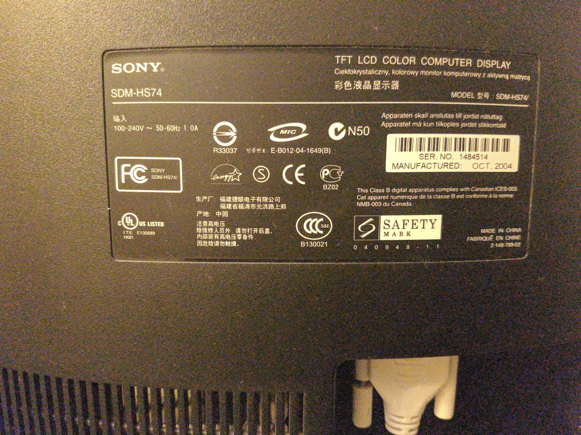 Монитор SONY SDM-HS74 TFT LCD Color computer display, 17"