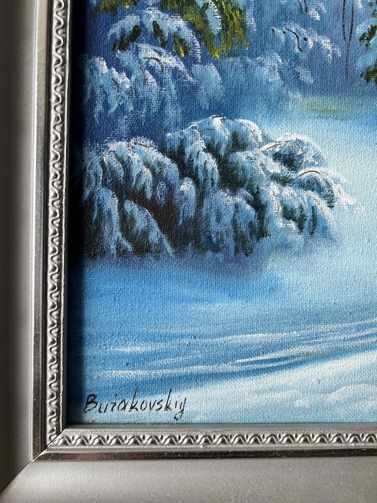 Картина Зима пейзаж зимовий зимний в раме деревянной