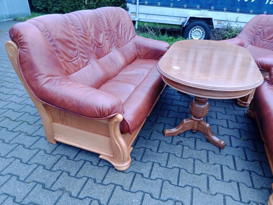 Komplet FLORYDA 3+2+1 i Ława Rozkładana i Podnoszona , Dąb -Skóra Brąz