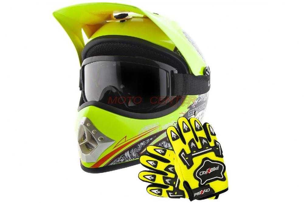 Zestaw Kask cross quad hulajnoga dziecięcy fluo + rękawice +gogle
