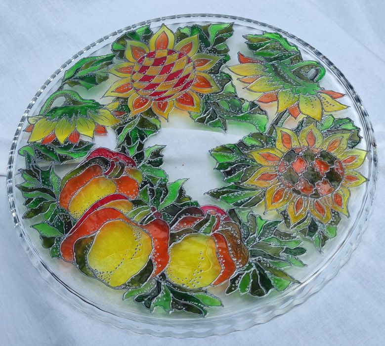 Тортниця. Блюдо для пирогів. Авторський вітражний розпис. Handmade