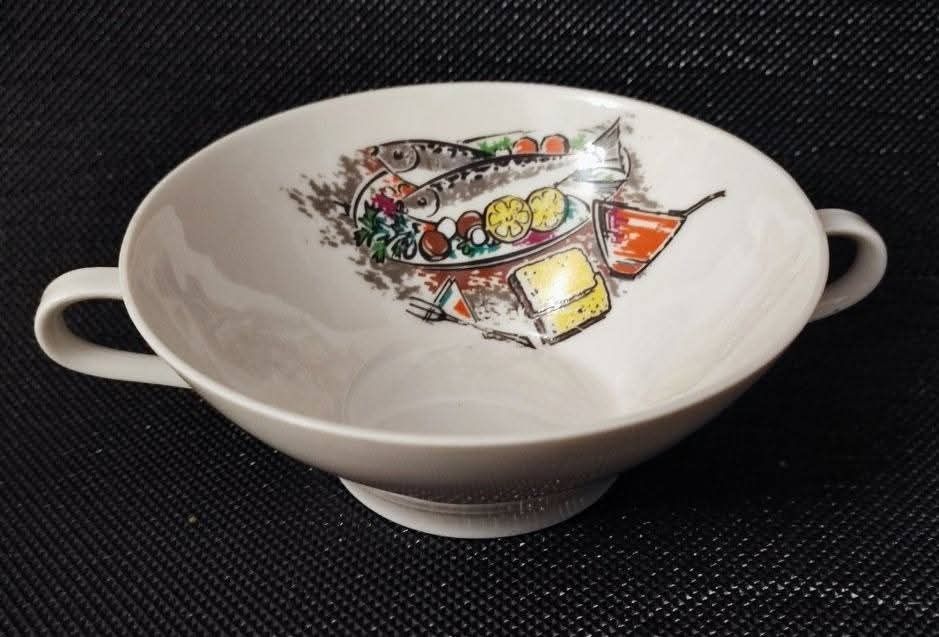 Porcelana vintage + sztuczce Zestaw do ryby Talerze Bulionówka