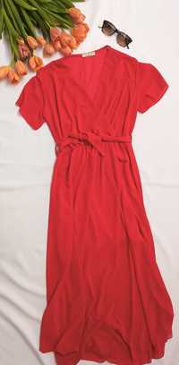 Sukienka maxi długa czerwona elegancka z krótkim rękawem uniwersalna
