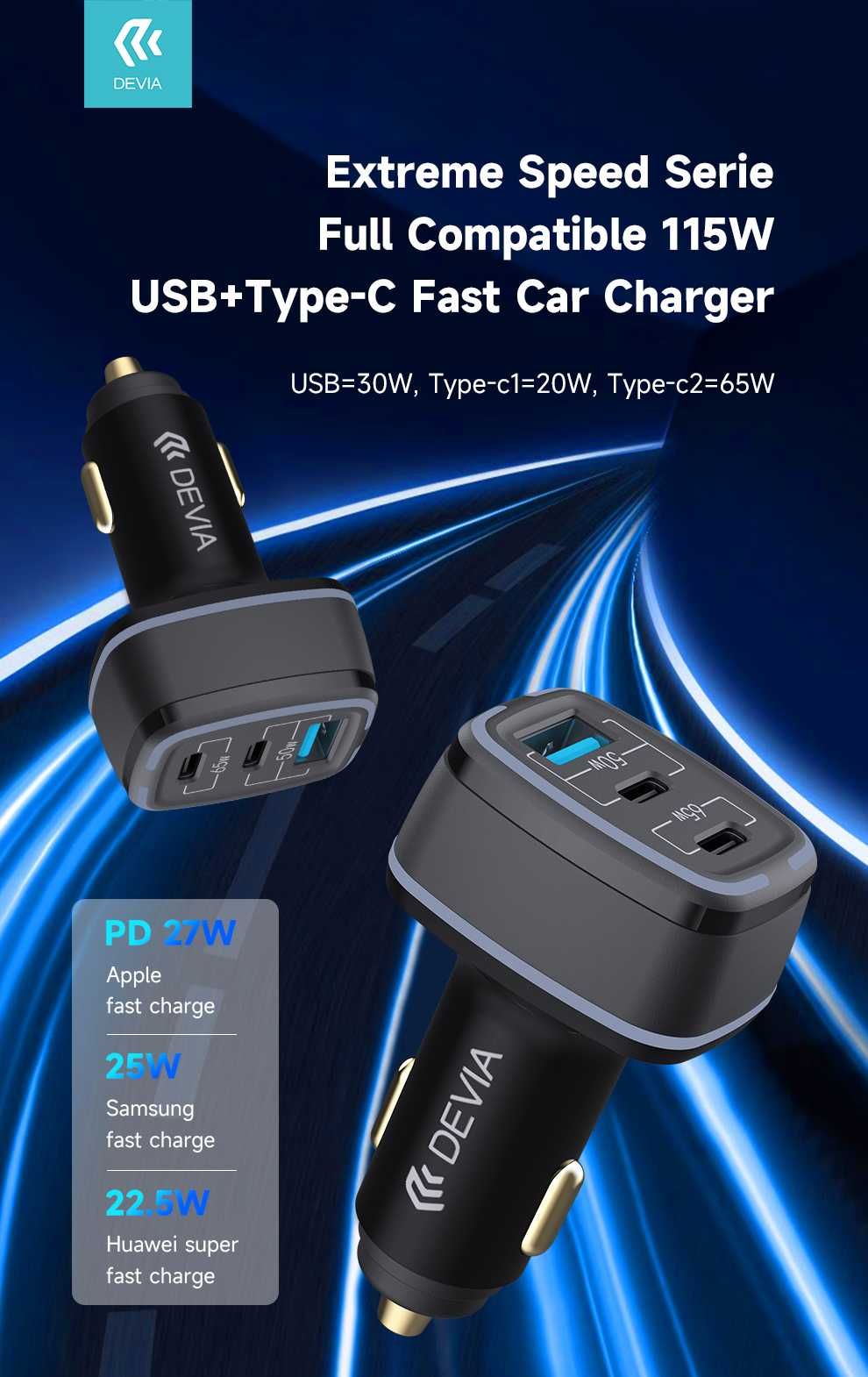 Ładowarka Samochodowa Devia Extreme 115W! 2xUSB-C 1x USB Mocna