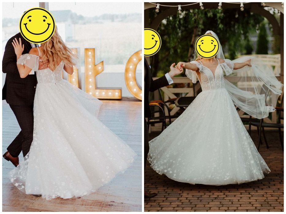 Suknia ślubna z rękawkami - brokat, perełki, kwiaty - księżniczka