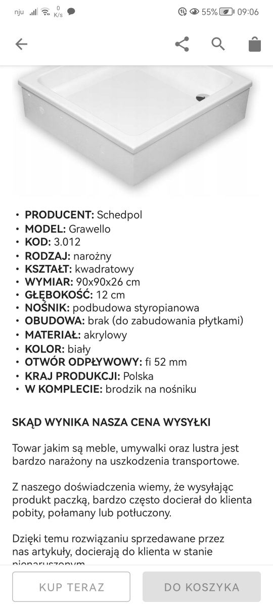 Brodzik akrylowy kwadratowy biały