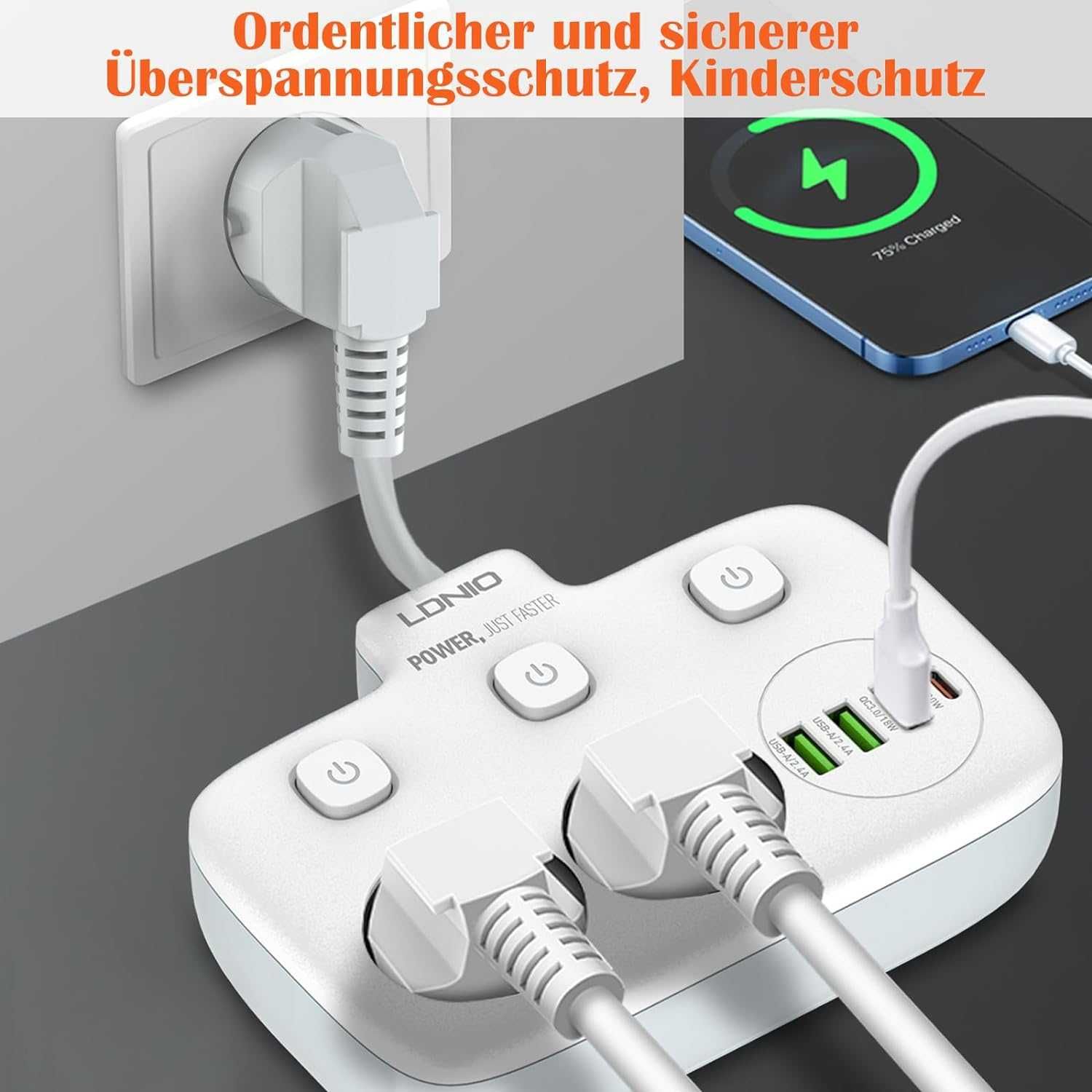 Listwa zasilająca gniazda AC 3xUSB USB-C 20W, 6 w 1
