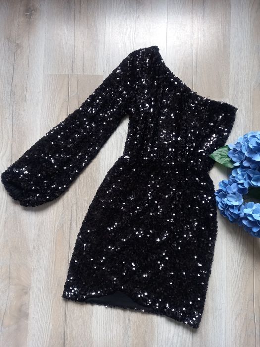 Sukienka Mini mała czarna cekiny Made in Italy 34, 36, XXS, XS bal wes