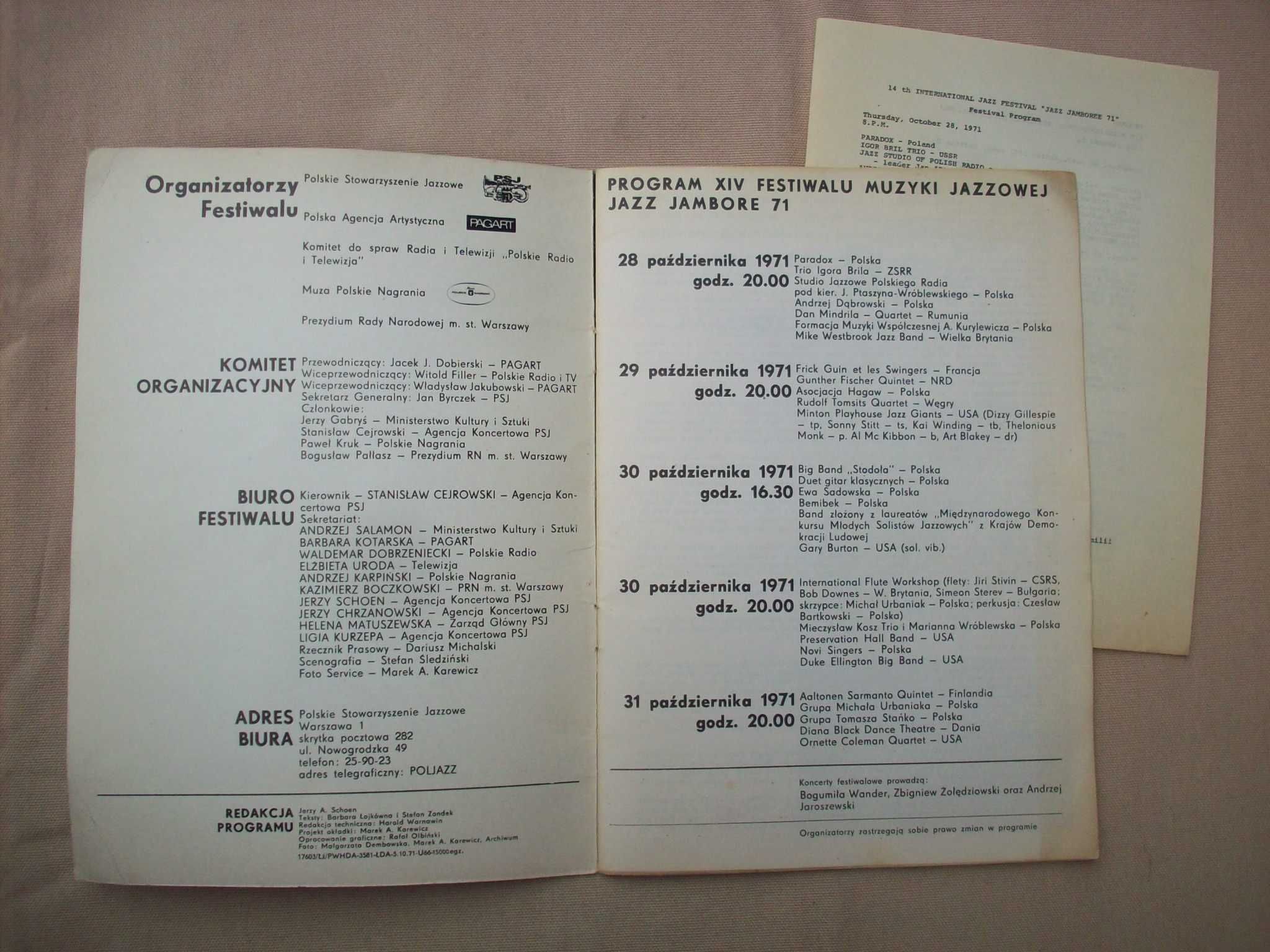 Jazz Jamboree XIV, 1971, Festiwal Jazzowy, program, opis.