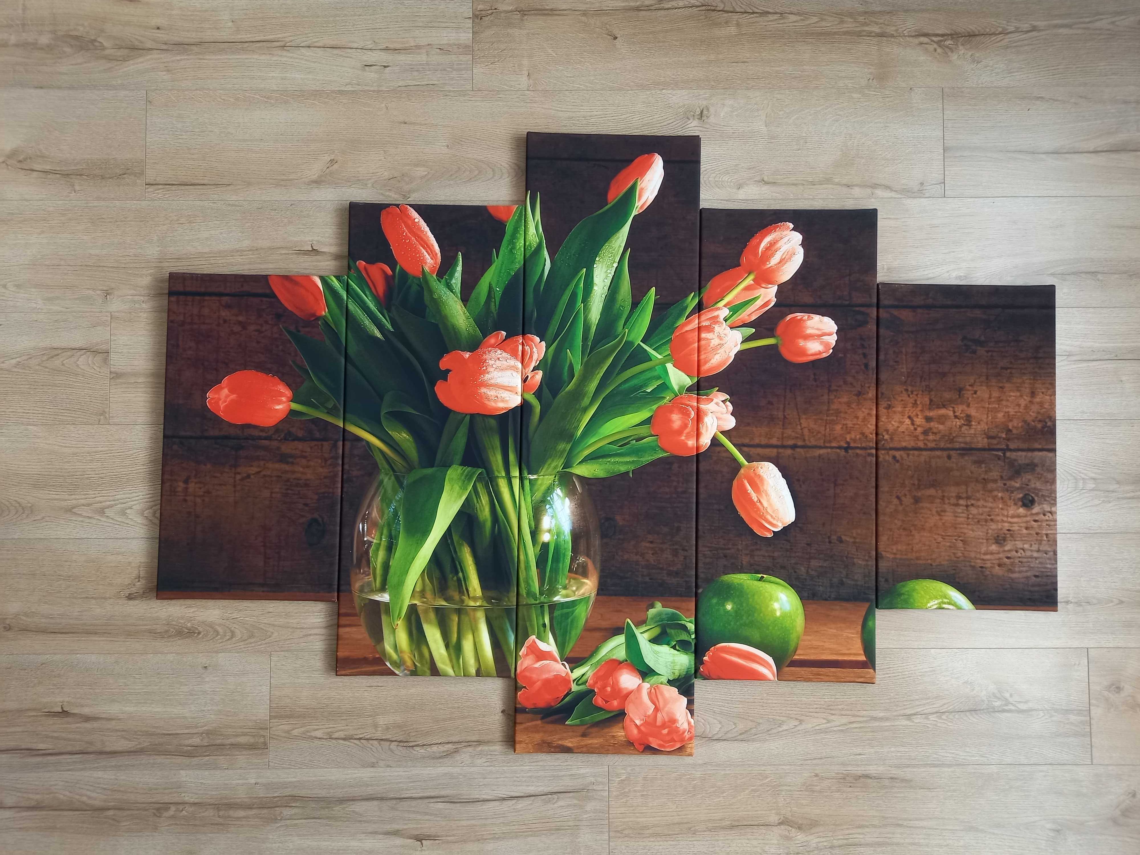 Obraz 5 częściowy,czerwone tulipany, duży.