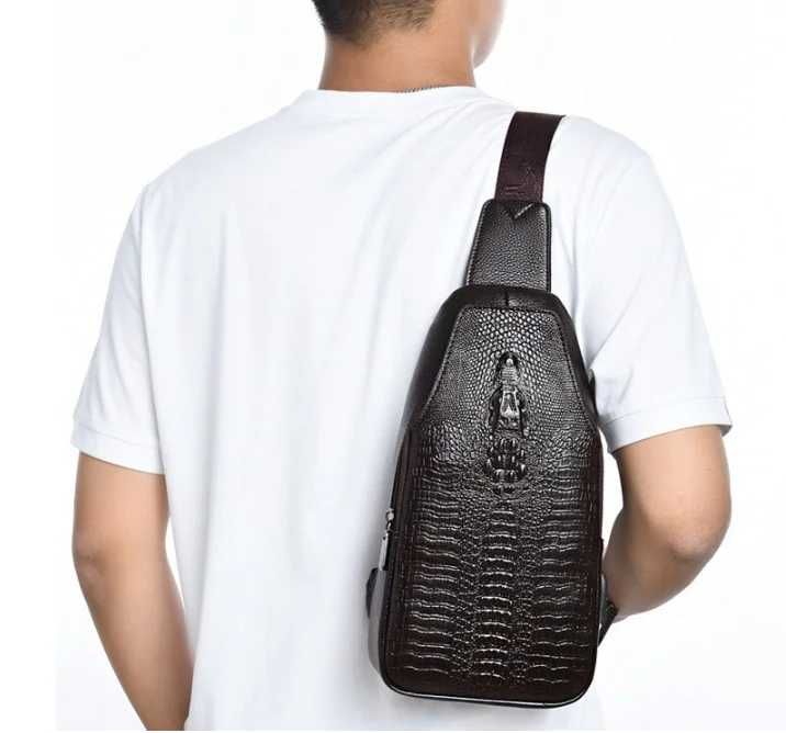 Чоловіча черная коричневая сумка бананка барсетка ранец з крокодилом